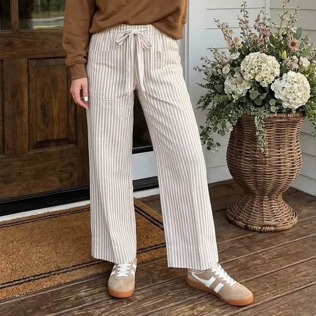 Khaki Stripe Ribbon Drawstring Waist Full-Length Shift Pant - PREORDER