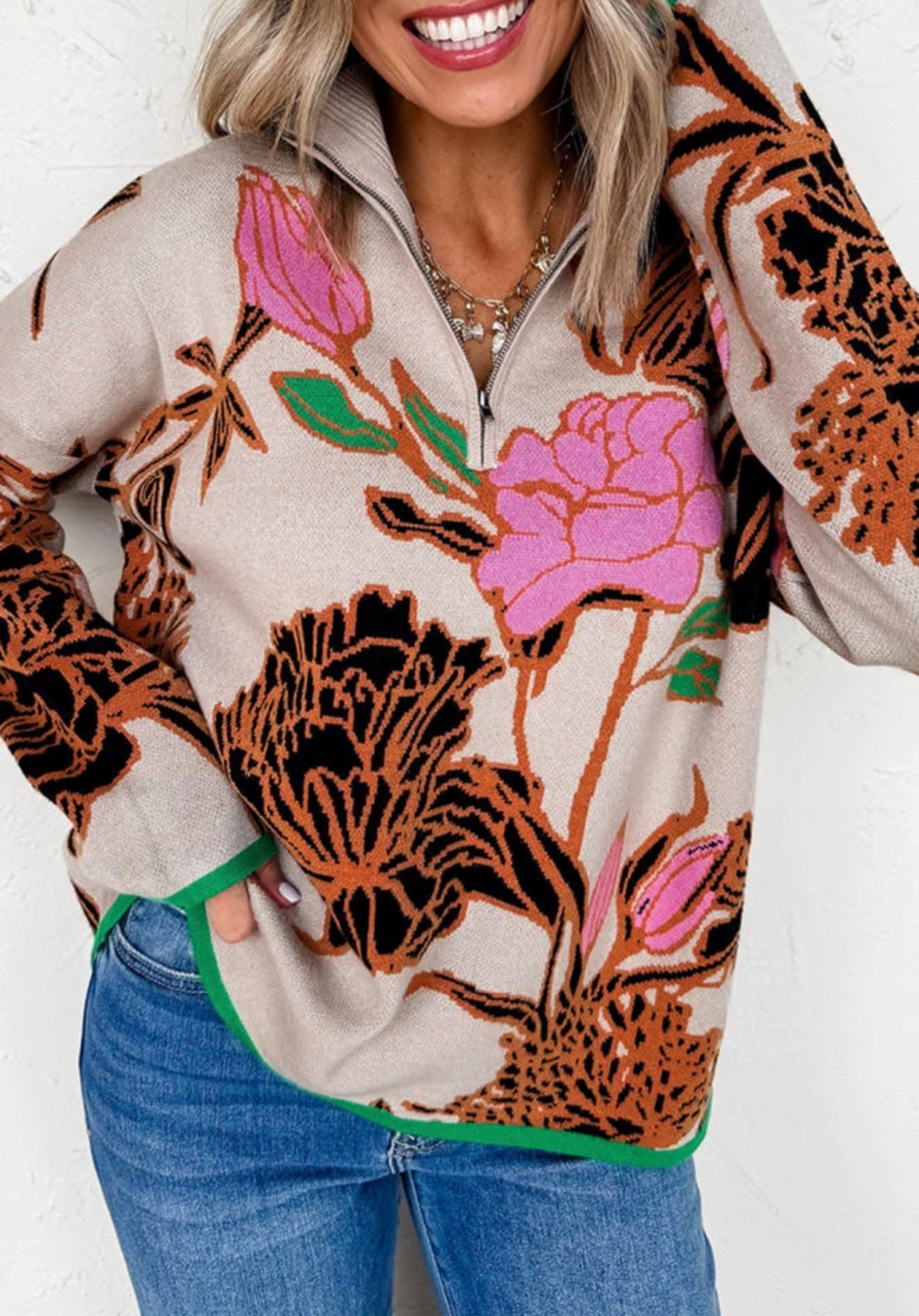 Khaki Floral Pattern Knit Quarter Zip Stand Neck Sweater - PREORDER
