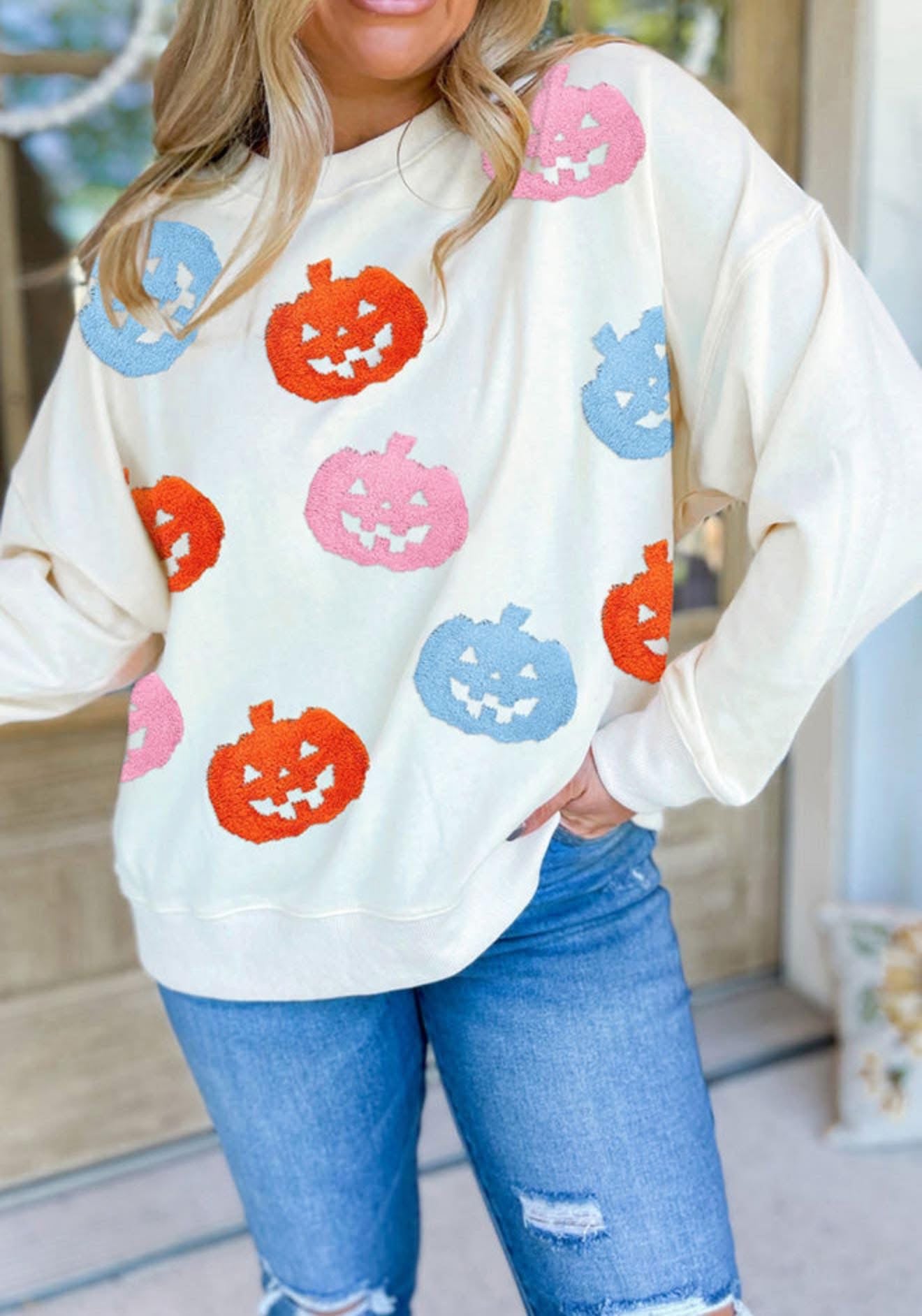 White Halloween Pumpkin Patched Loose Sweatshirt - PREORDER