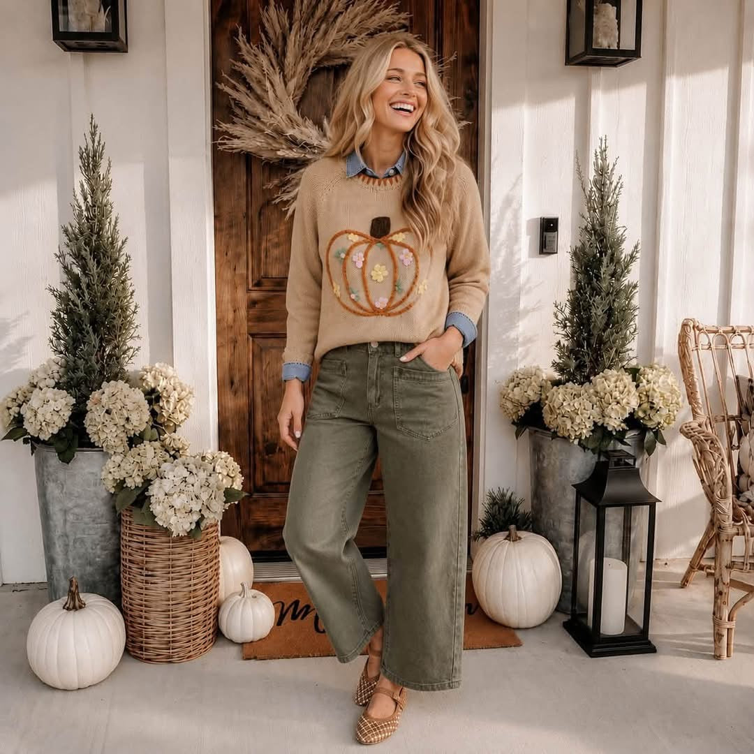 Floral Embroidery Pumpkin Long Sleeve Round Neck Sweater - PREORDER