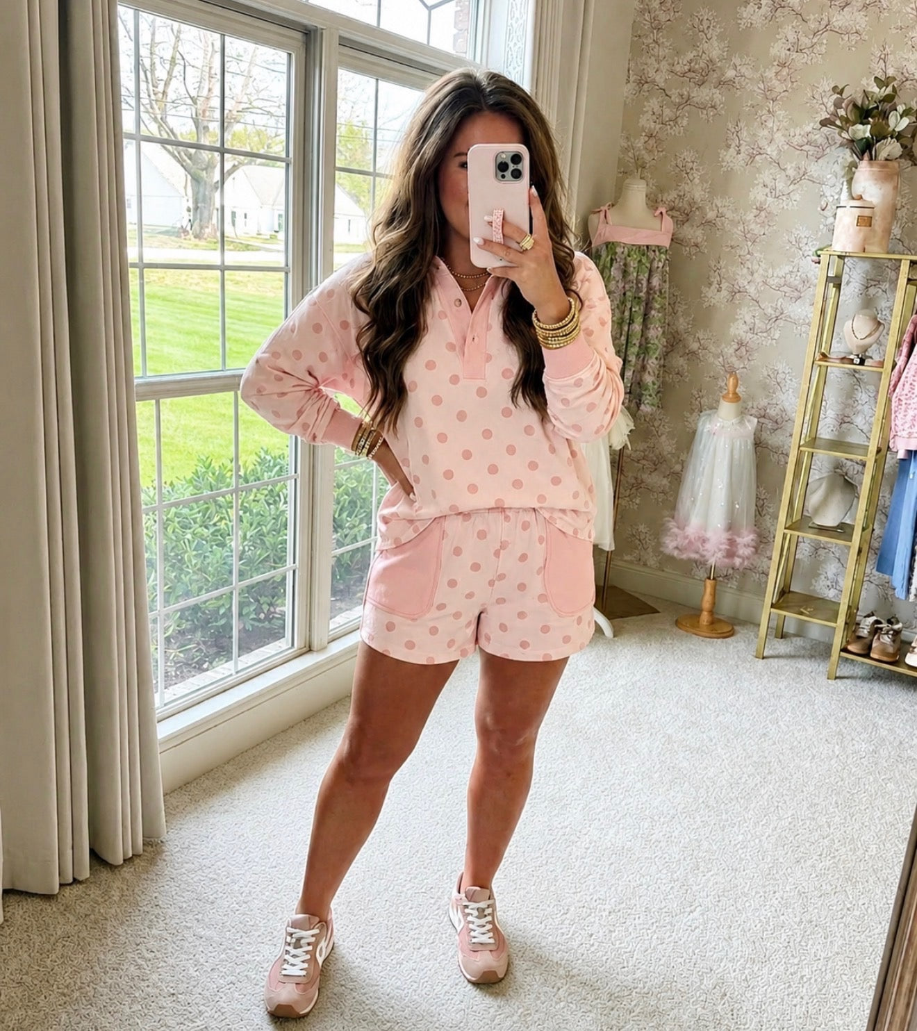 Pink Polka Dot Contrast Patchwork Detail Long Sleeve Top Short Set