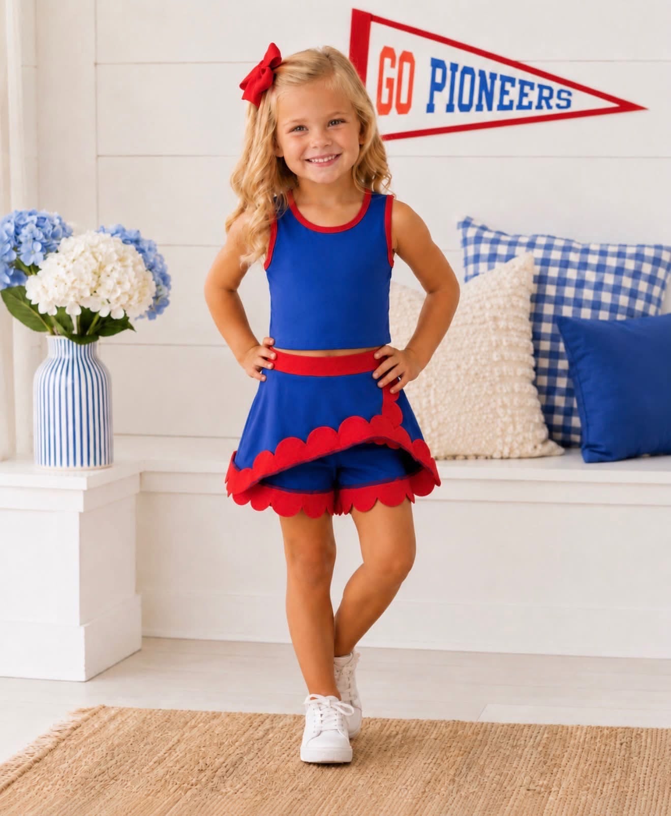 Girls Blue & Red Scalloped Skort Set - PREORDER
