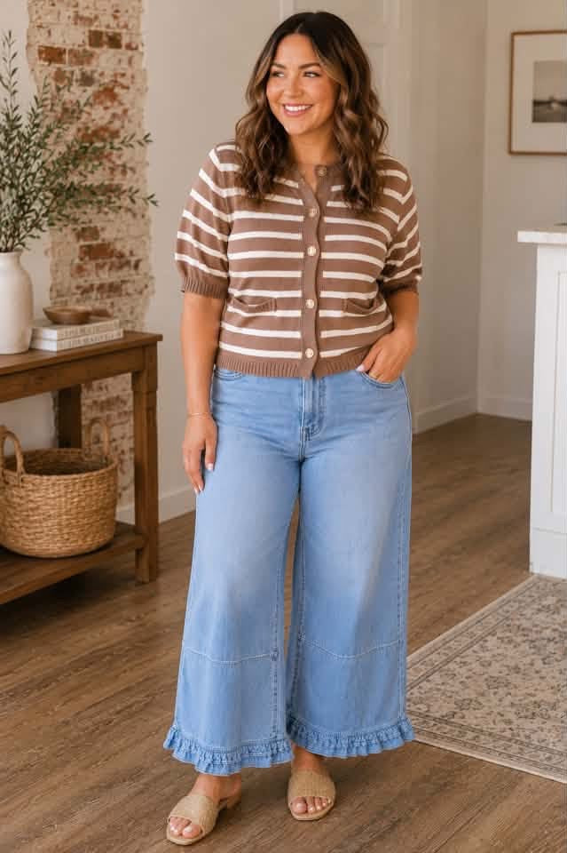 Khaki Stripe Button Down Short Sleeve Knit Plus Size Cardigan - PREORDER