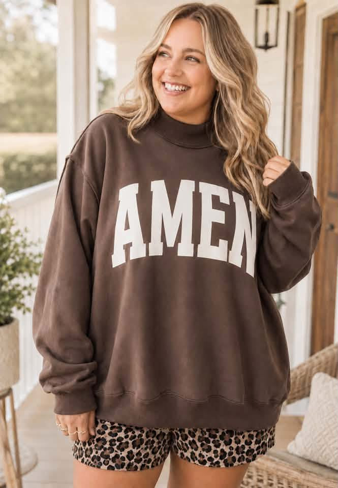 Coffee WWJD/AMEN Reversible Print Oversized Loose Fit Plus Size Sweatshirt - PREORDER