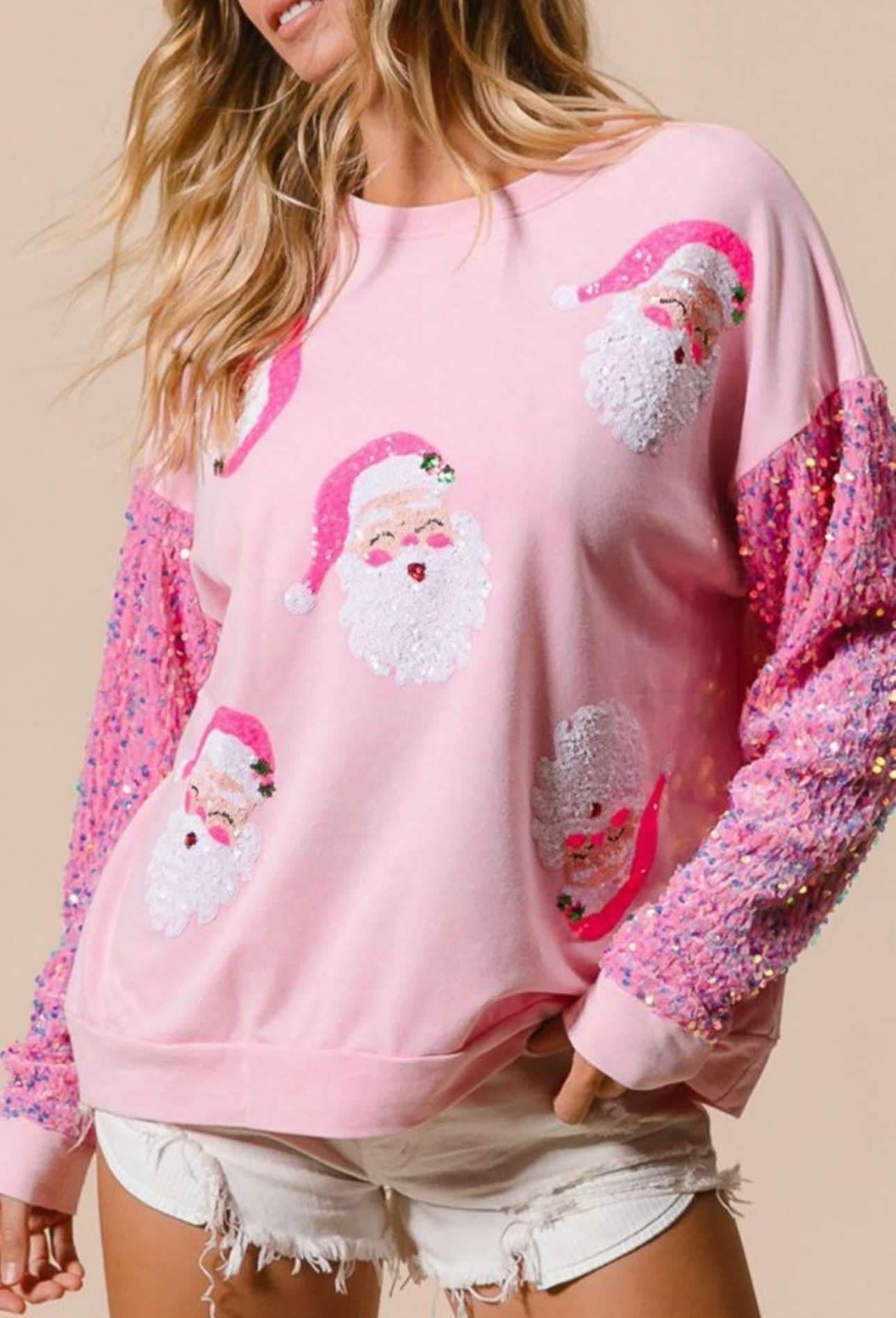 Pink Sequined Santa Claus Long Sleeve Christmas Sweatshirt PREORDER