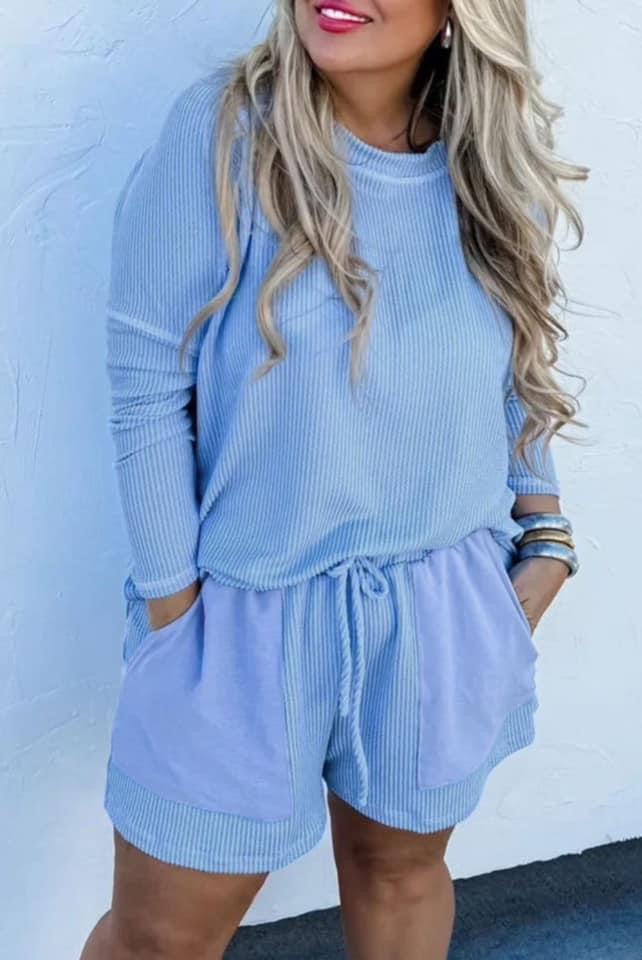 Light Blue Plus Size Ribbed Long Sleeve Top and Drawstring Shorts Set PREORDER