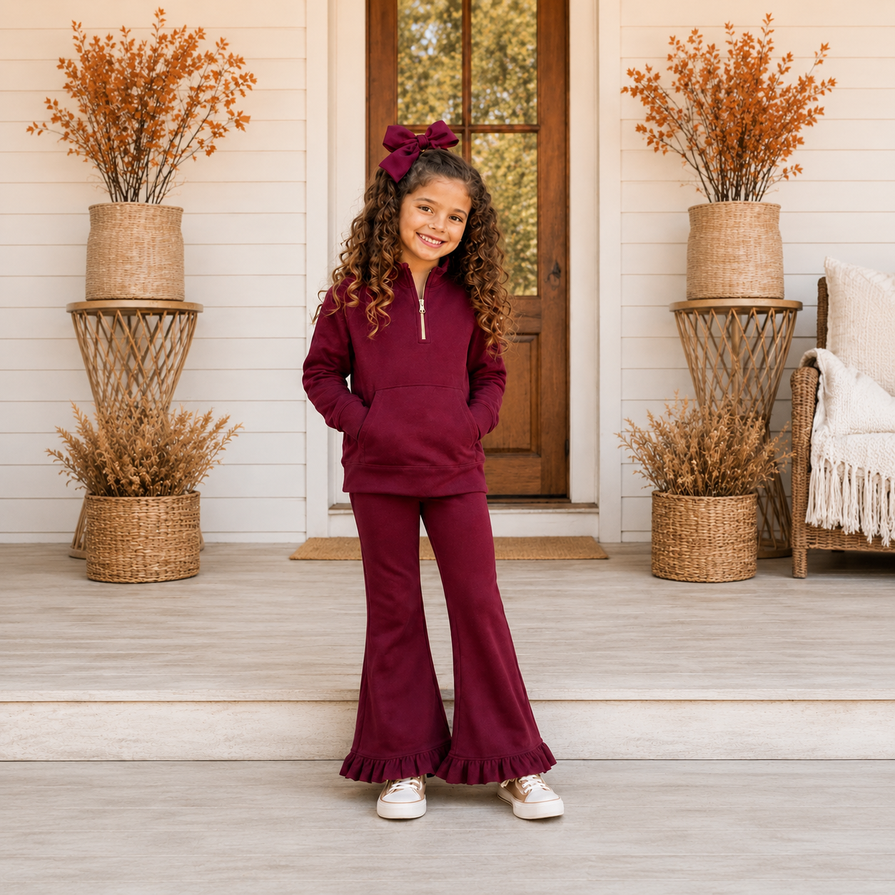 Girls Burgundy Sweatsuit Ruffle Pant Set- PREORDER