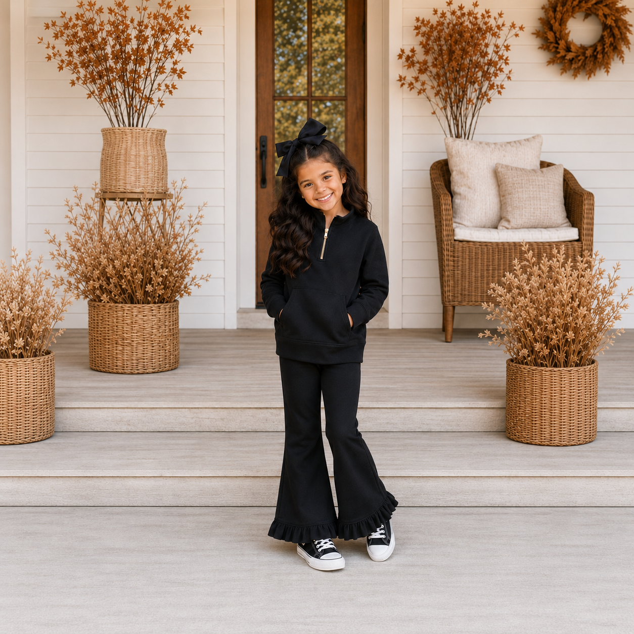 Girls Black Sweatsuit Ruffle Pant Set- PREORDER