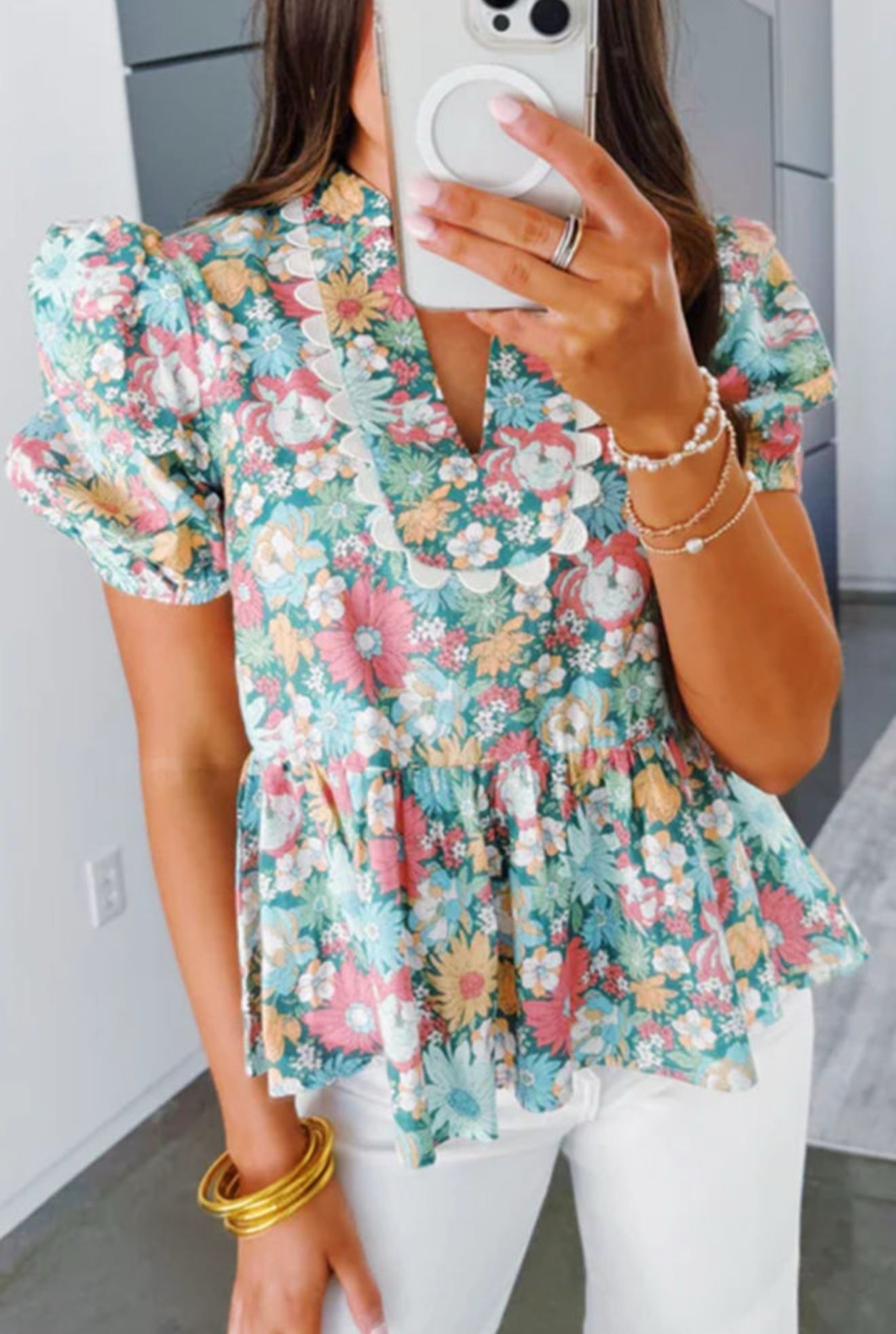 Multicolour Notched Neck Puff Short Sleeve Floral Blouse - PREORDER