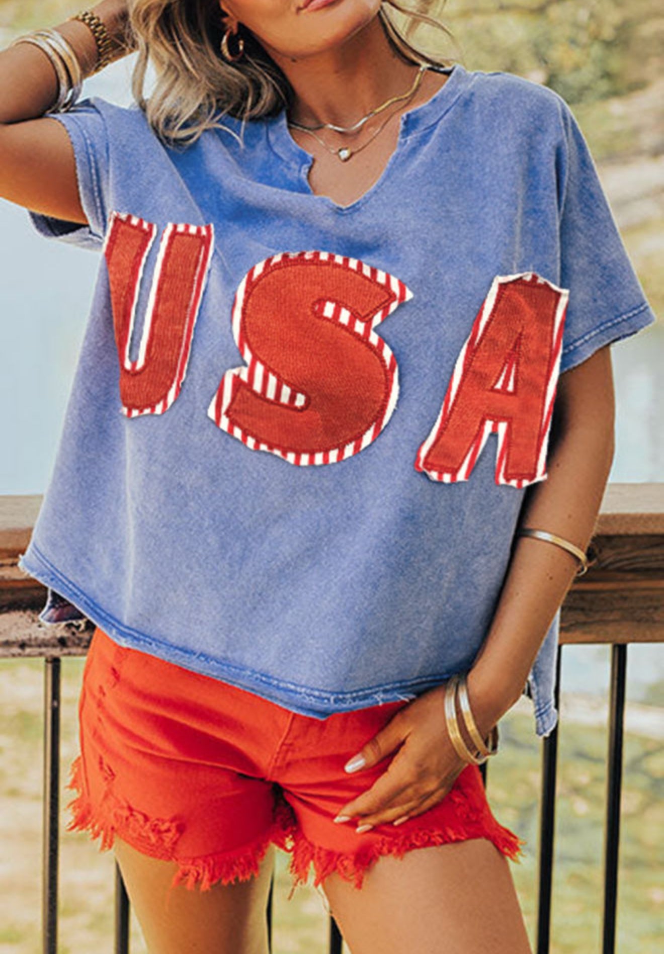 Sky Blue USA Patch Mineral Wash Notch V Neck Vintage Graphic T Shirt-PREORDER