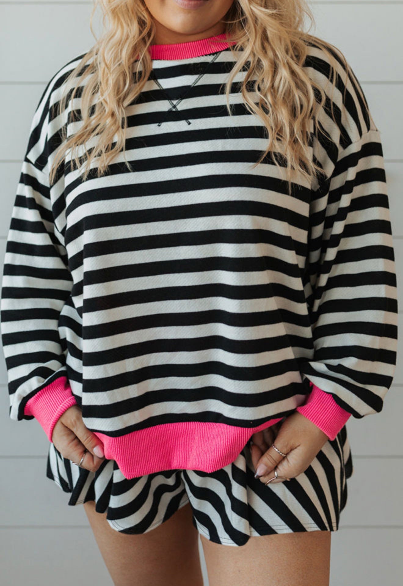 Black Stripe Contrast Ribbed Banding Long Sleeve Blouse Loose Shorts Set - PREORDER