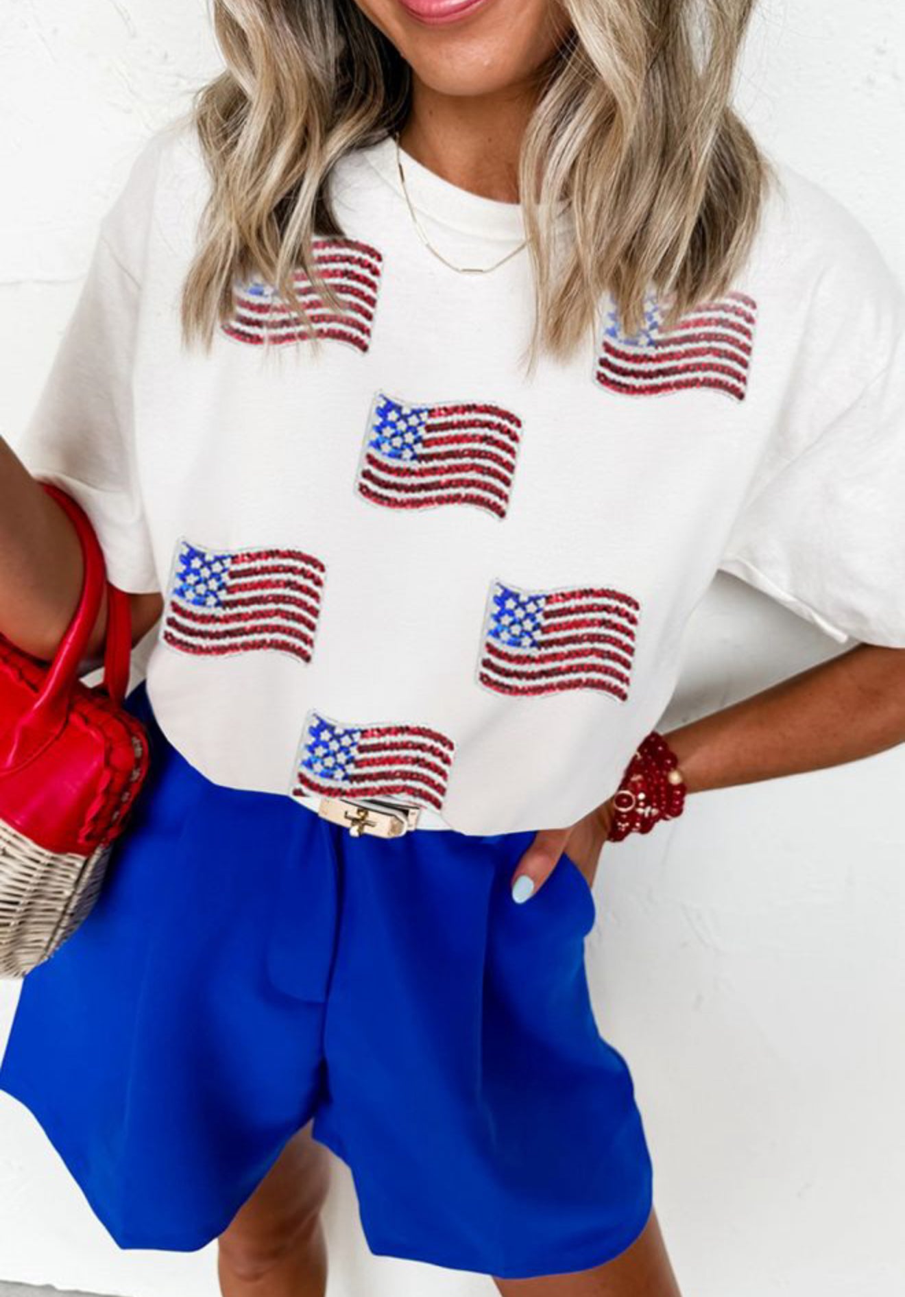 White Sequin American Flag Patched Casual T Shirt