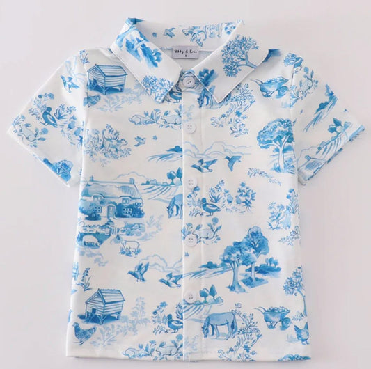 BLUE FARM PRINT BUTTON DOWN SHIRT