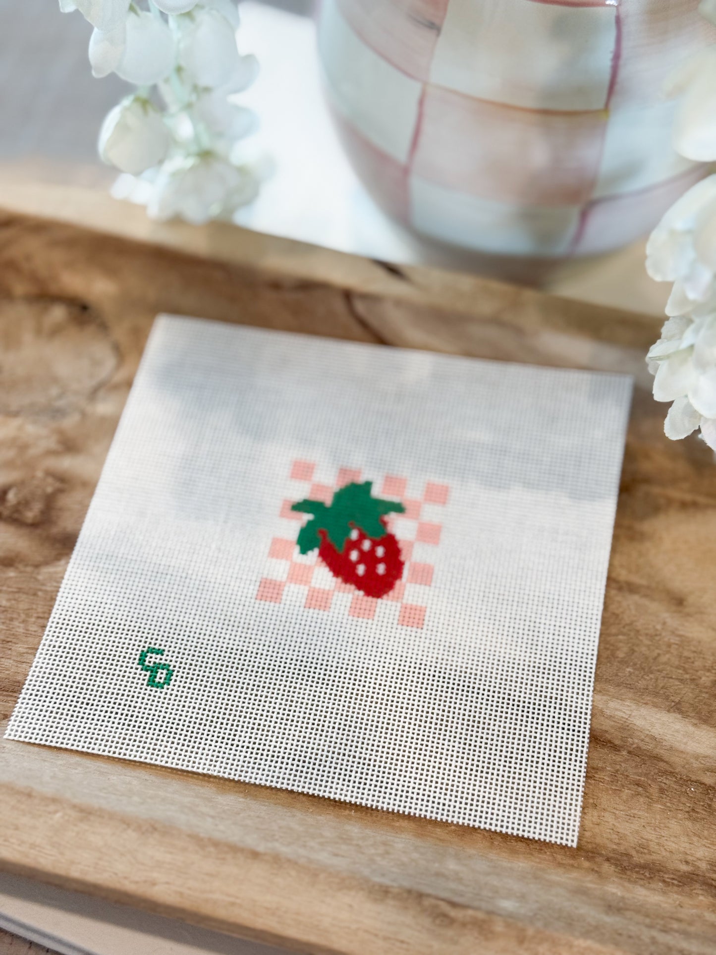 Hand Painted Strawberry Checkered 2” Needlepoint Canvas 18 Mesh