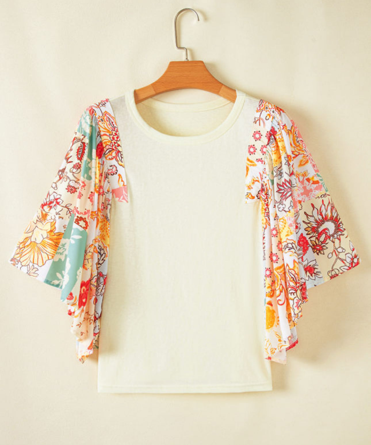 Beige Floral Patchwork Half Batwing Sleeve Blouse
