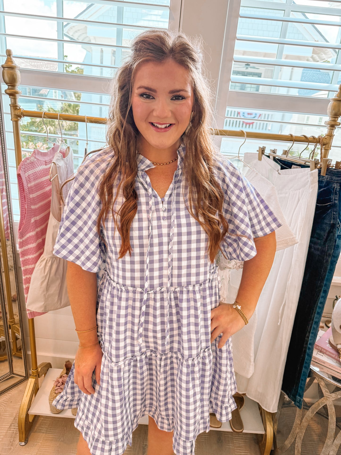 Purple Plaid Ruffle Wide Short Sleeve Babydoll Mini Dress - PREORDER