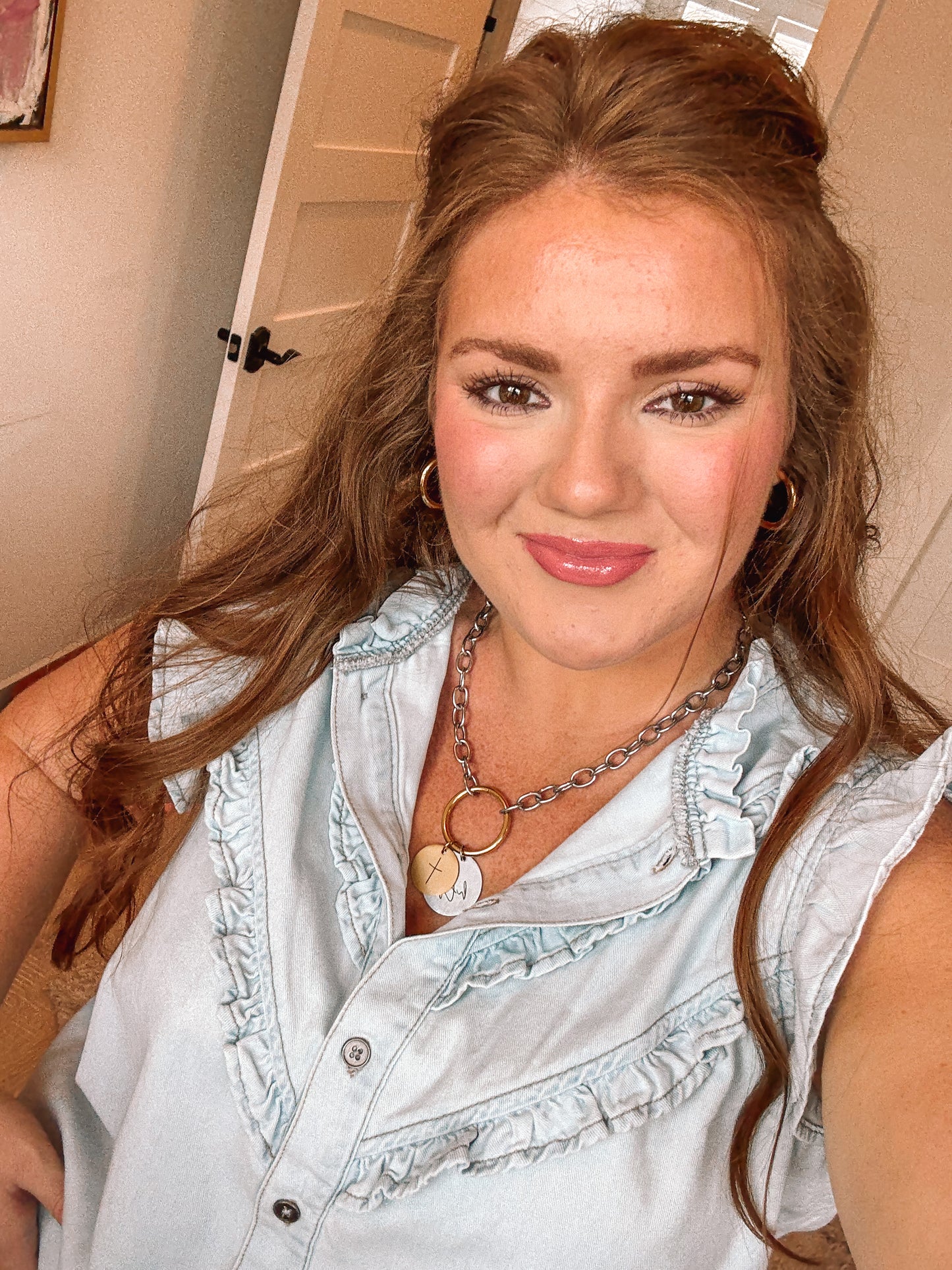Beau Blue Mineral Wash Cap Sleeve Frilled Button Up Denim Shirt-PREORDER