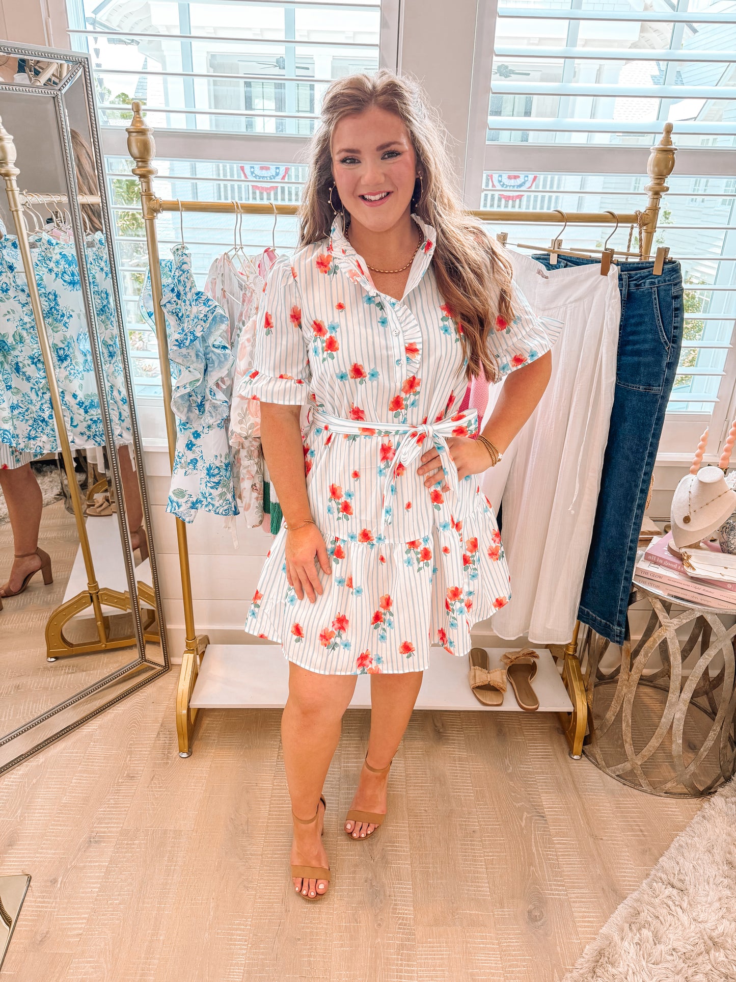Sky Blue Stripe Floral Pattern Ruffle Short Sleeve Belted Mini Dress - PREORDER