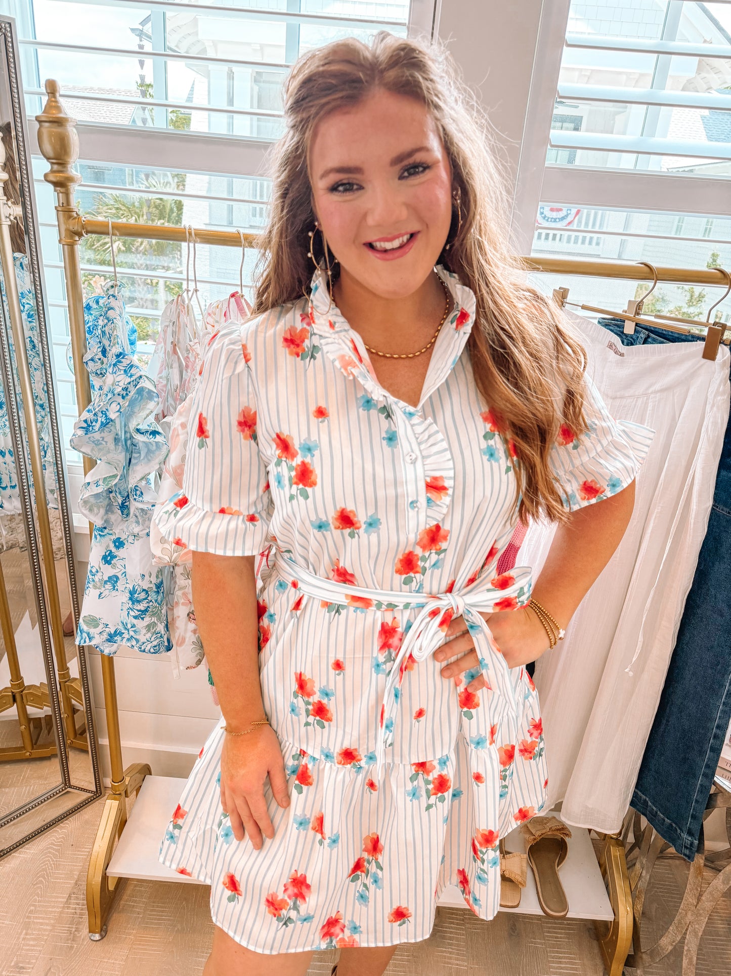 Sky Blue Stripe Floral Pattern Ruffle Short Sleeve Belted Mini Dress - PREORDER