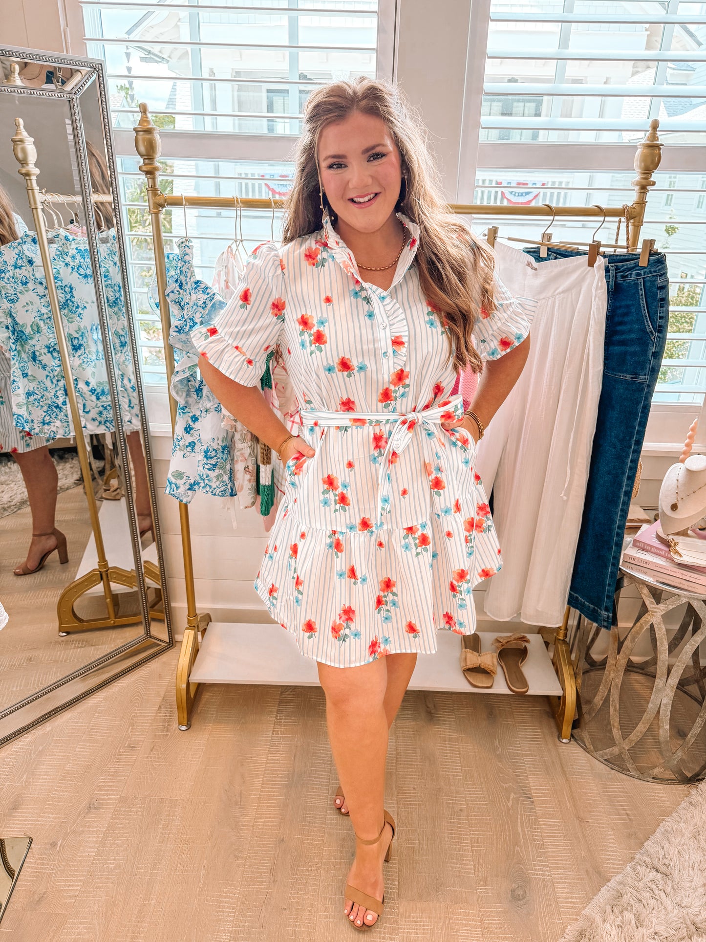 Sky Blue Stripe Floral Pattern Ruffle Short Sleeve Belted Mini Dress - PREORDER