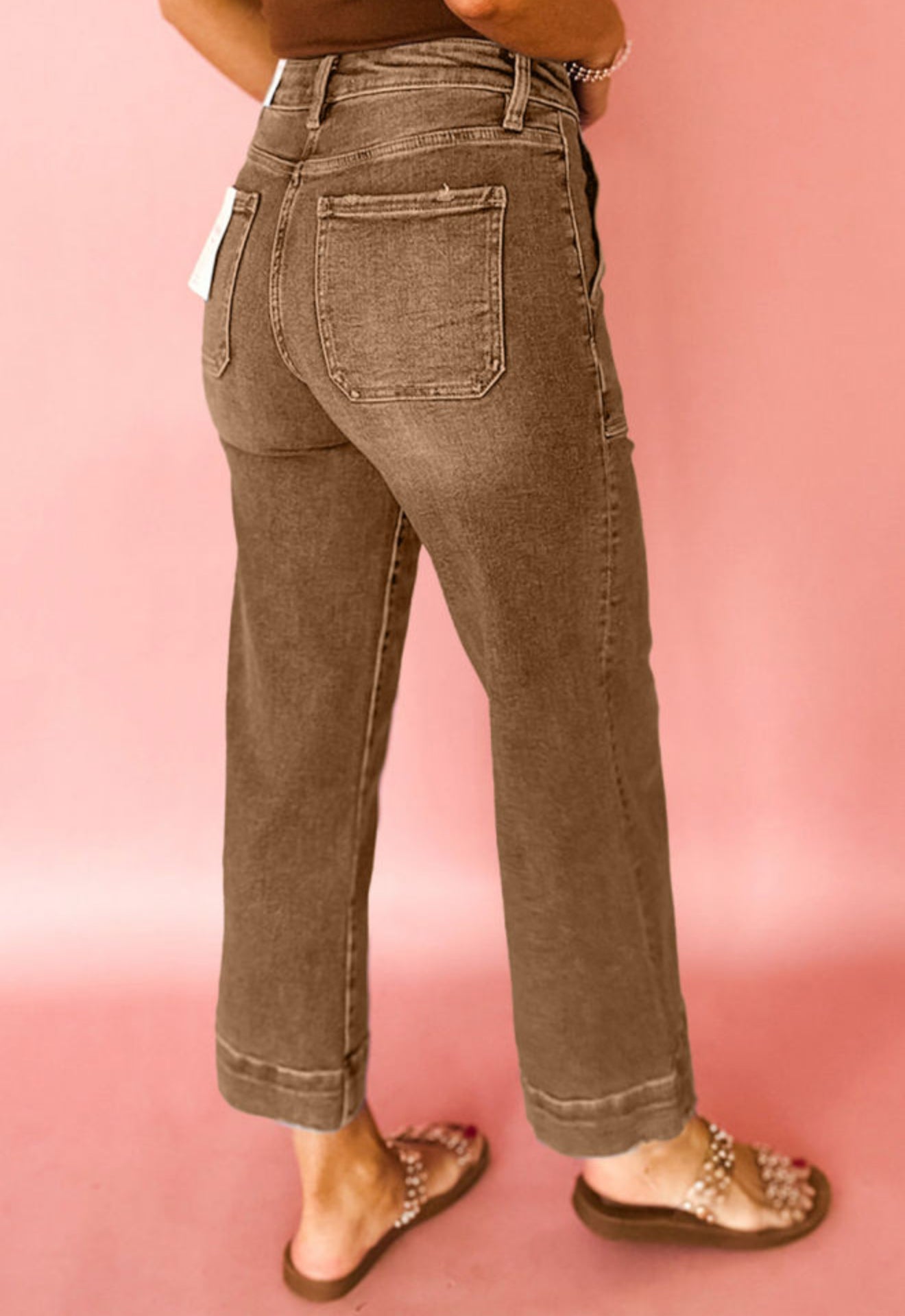 Brown Cropped High Rise Wide Leg Jeans - PREORDER