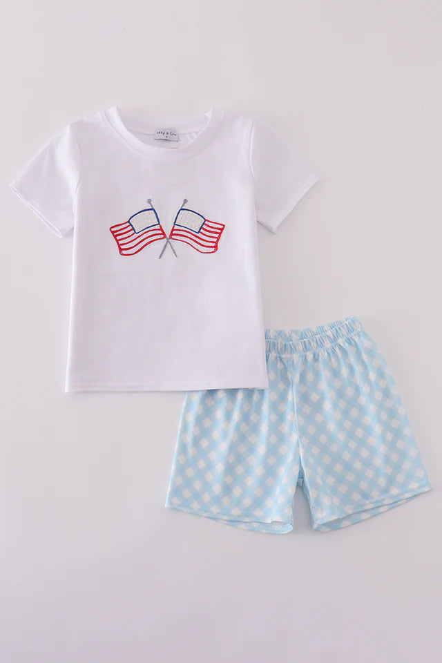 BLUE FLAG EMBROIDERY GINGHAM SHORTS SET