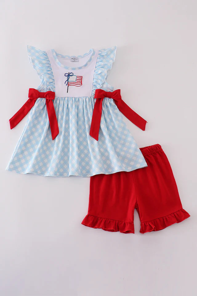 BLUE FLAG EMBROIDERY BOW GINGHAM RUFFLE SHORTS SET