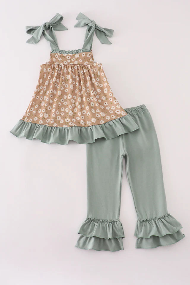MUSTARD & MINT FLORAL PRINT RUFFLE PANTS SET