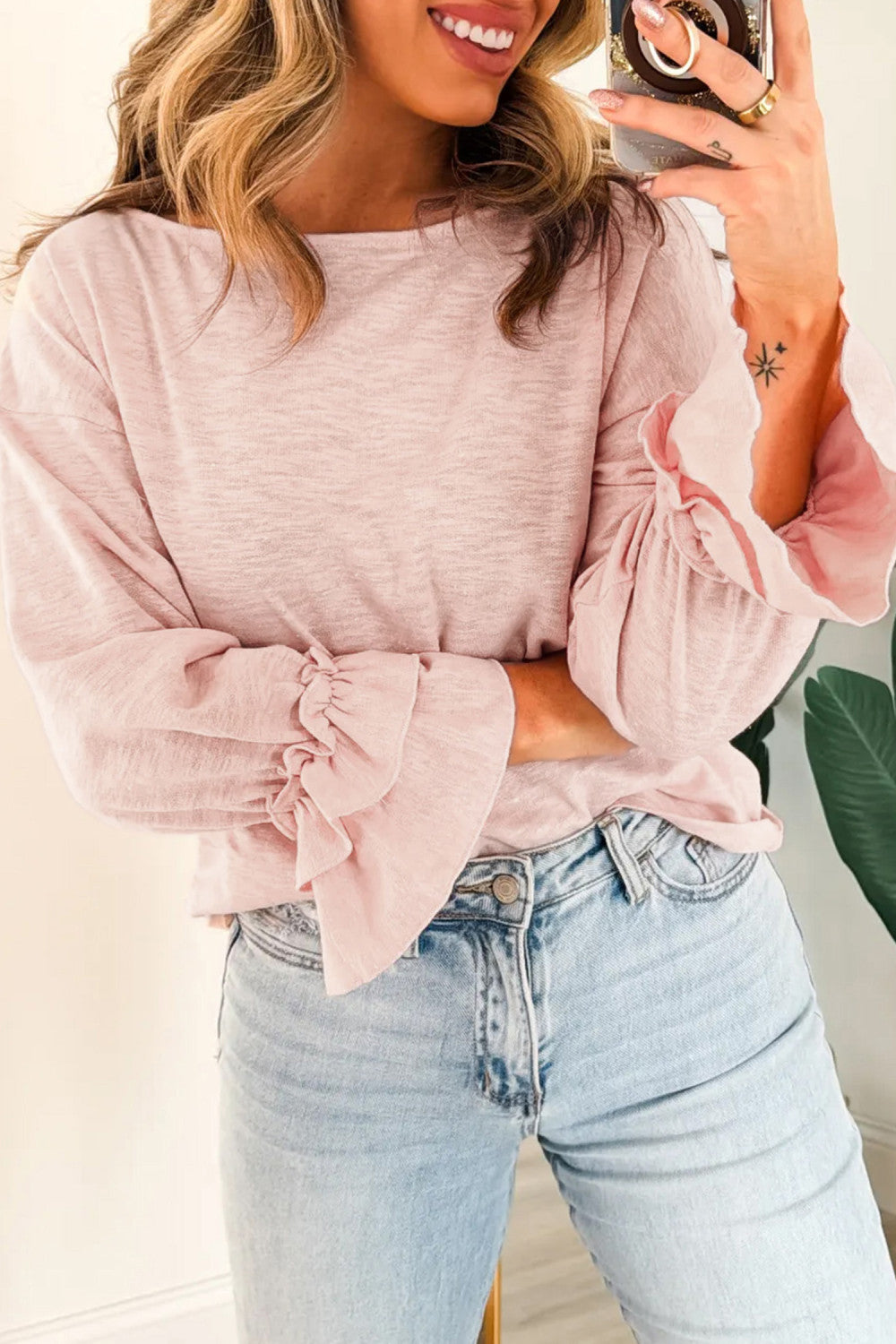Pink Ruffle Sleeve Long Sleeve Loose Pullover Top - PREORDER