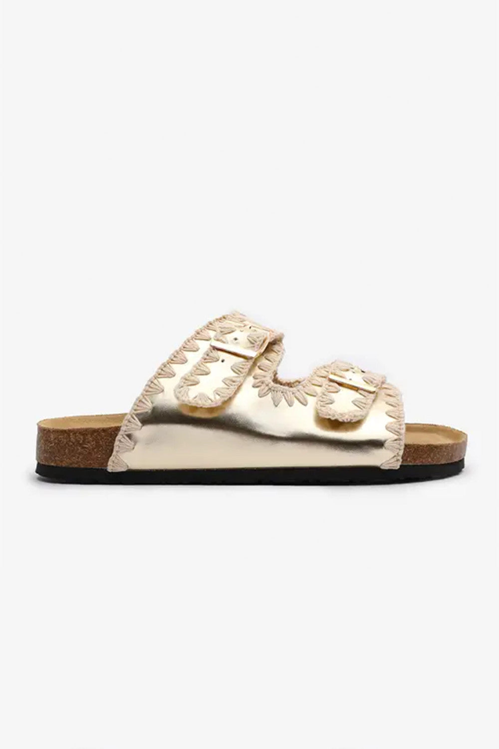 Gold PU Leather Contrast Stitch Flat Sliders - PREORDER