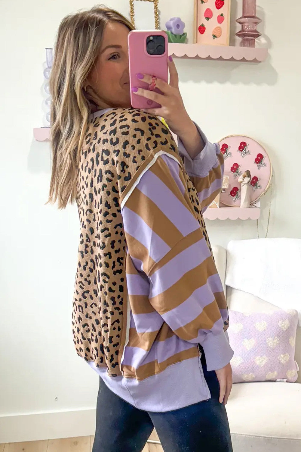 Purple Stripe Color Block Patchwork Leopard Casual Sweatshirt with Slits - PREORDER