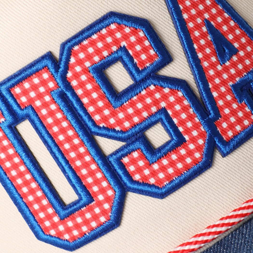 Dark Denim USA Gingham Letter Patch Star Brim Denim Trucker Hat