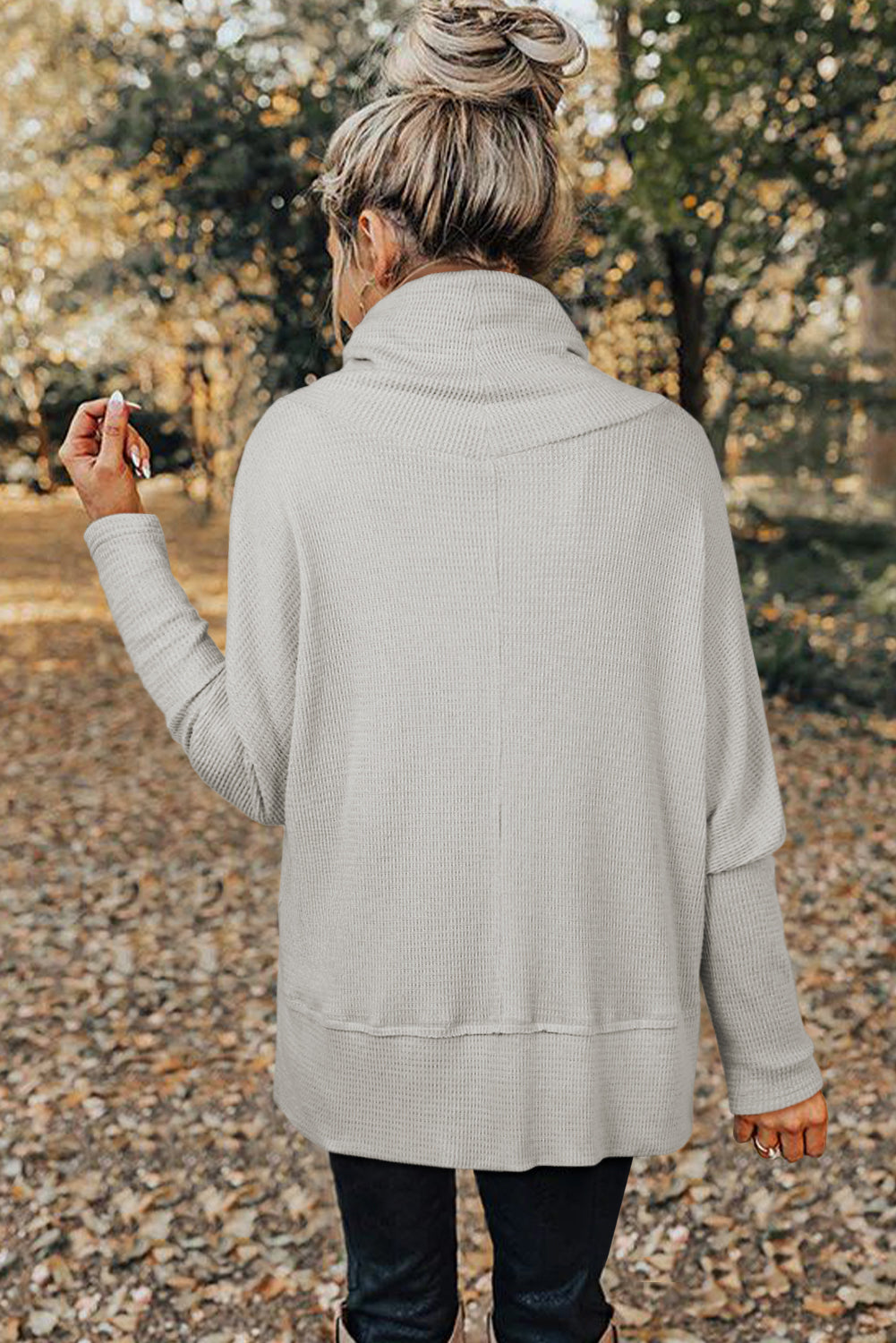 Light Grey Textured Knit Drawstring Cowl Neck Oversize Top with Side Slits - PREORDER