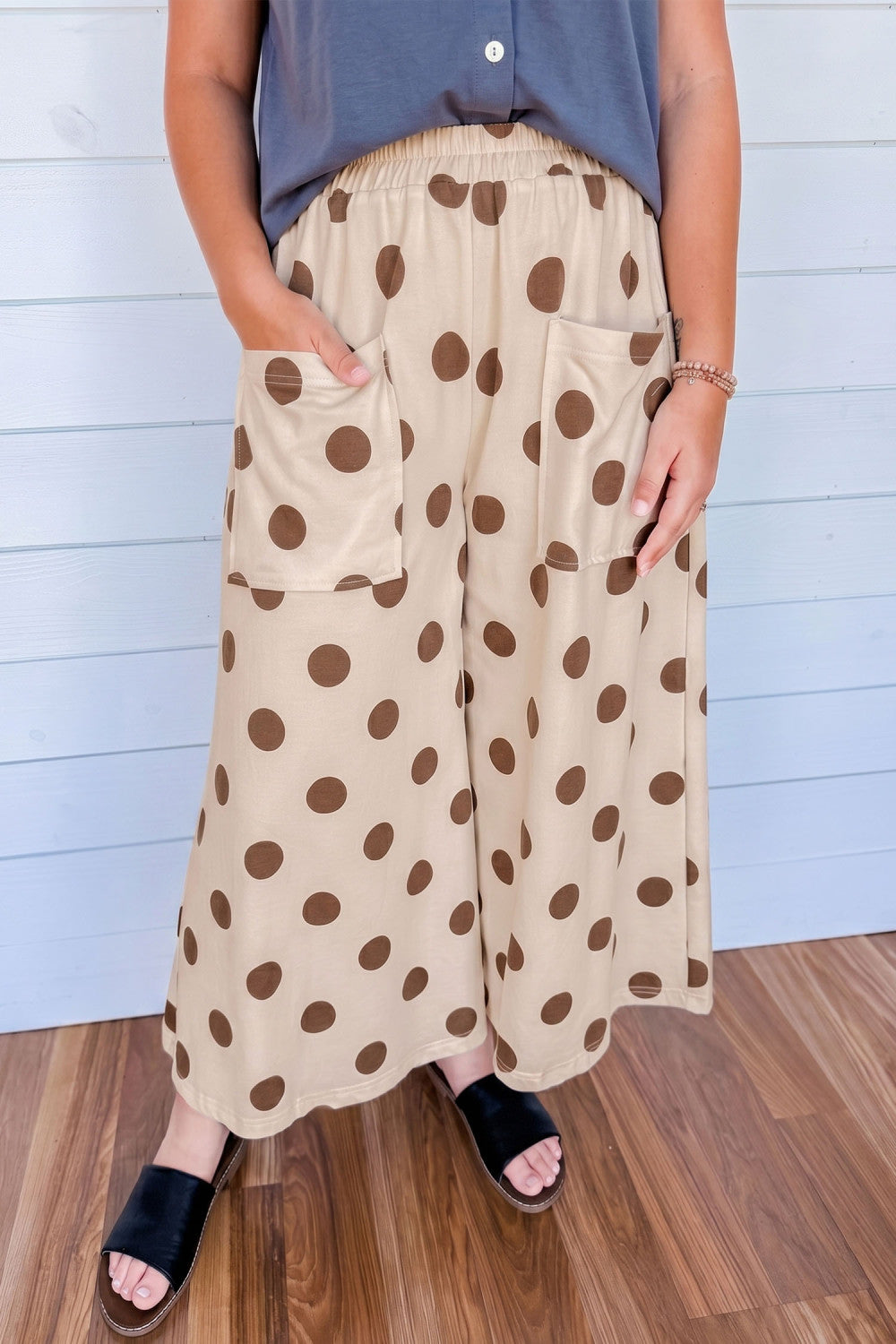 Khaki Polka Dot Elastic Waist Wide Leg Plus Size Pants - PREORDER
