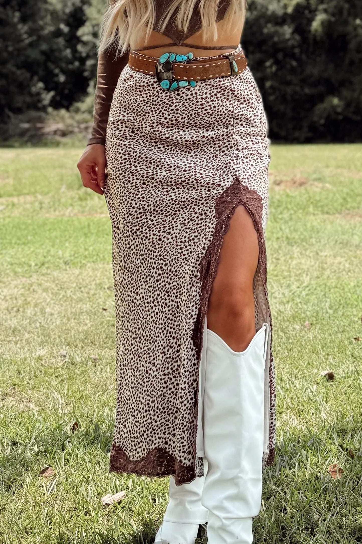 Brown Cheetah Ruched High Waist Lace Splicing Slit Skirt - PREORDER
