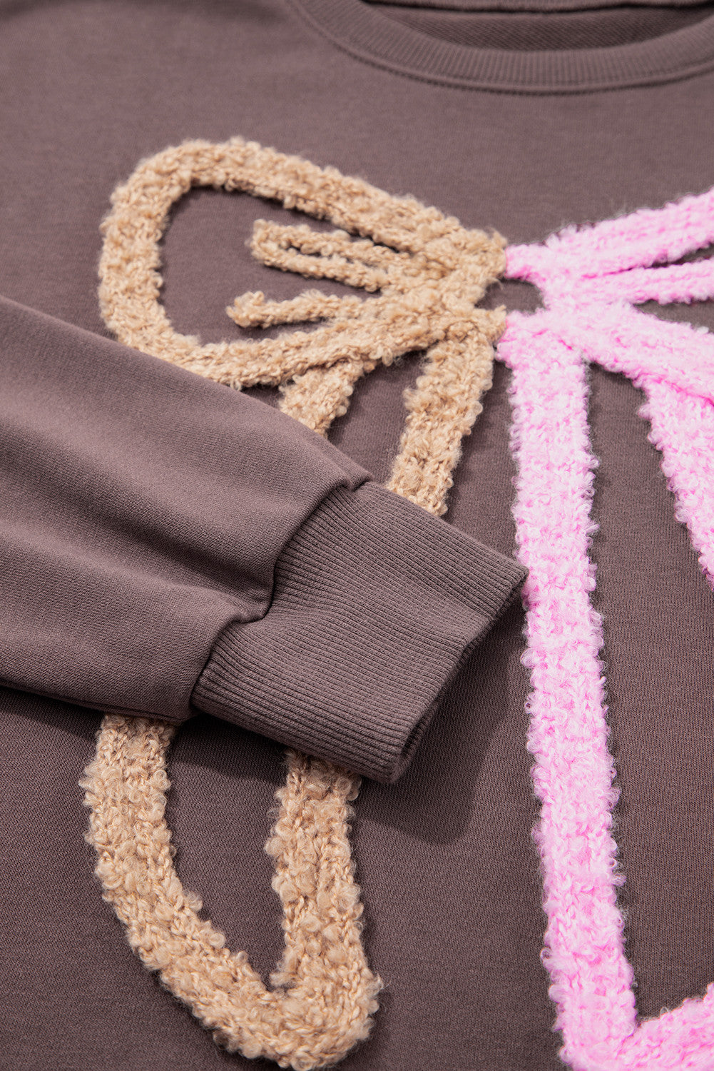 Brown Contrast Terry Bow Pattern Drop Shoulder Sweatshirt