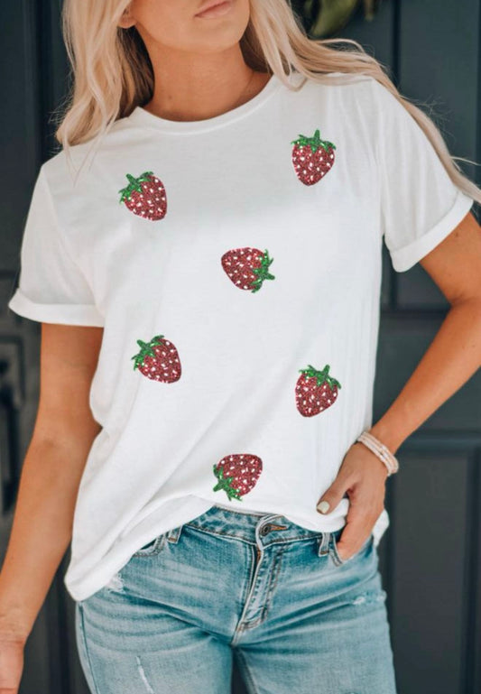 White Sequin Strawberry Patched Crew Neck T Shirt