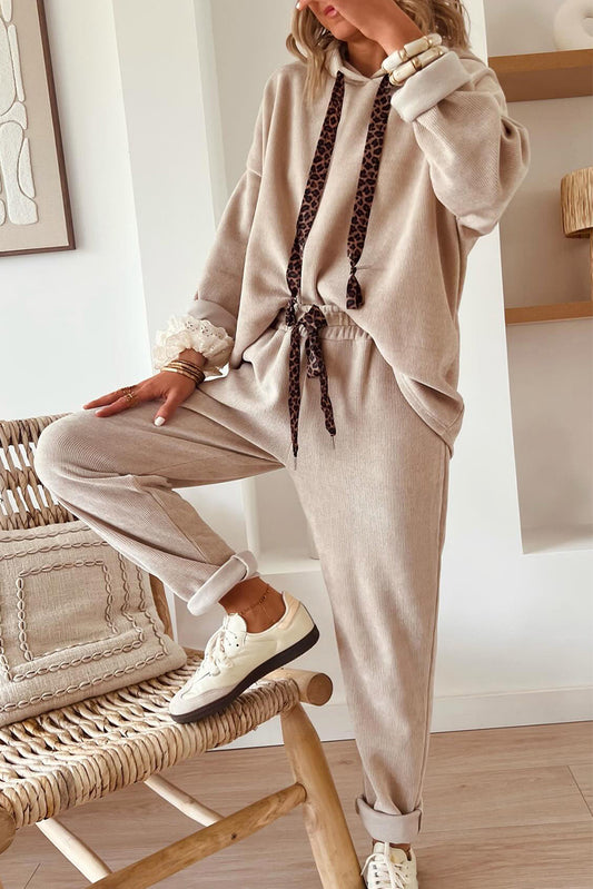 Cream Leopard Drawstring Pullover Hoodie and High Waist Pants Corduroy Suit - PREORDER
