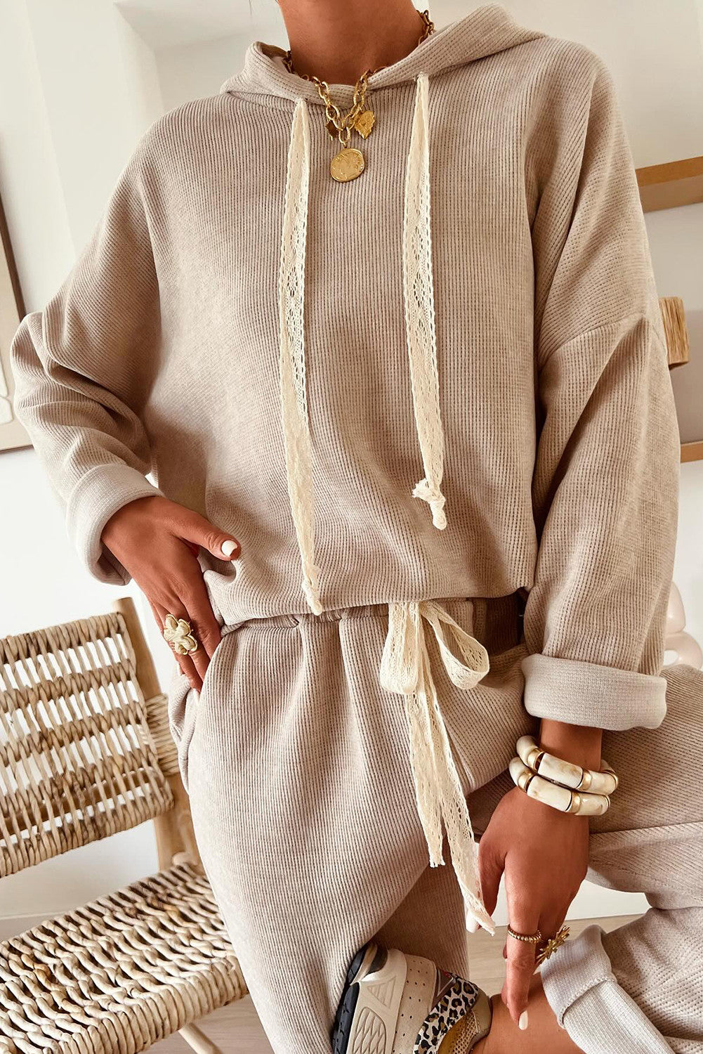 Jet Stream Lace Drawstring Pullover Hoodie and High Waist Pants Corduroy Suit- PREORDER
