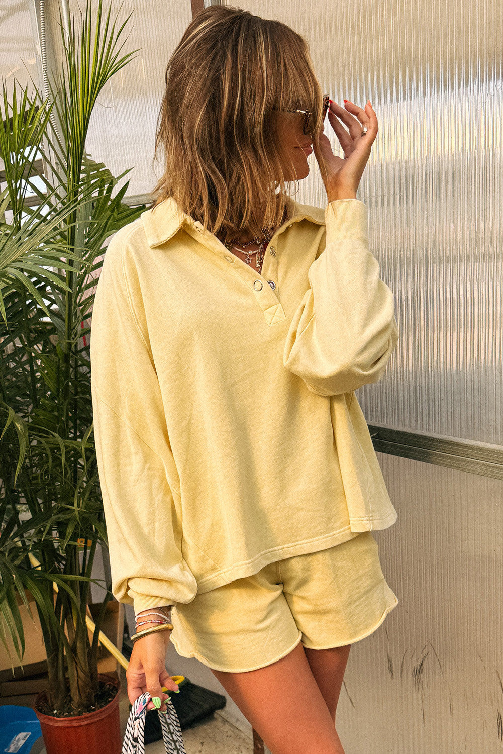 Yellow Cream Button Collar Drop Shoulder Pullover and Shorts 2pcs Outfit - PREORDER