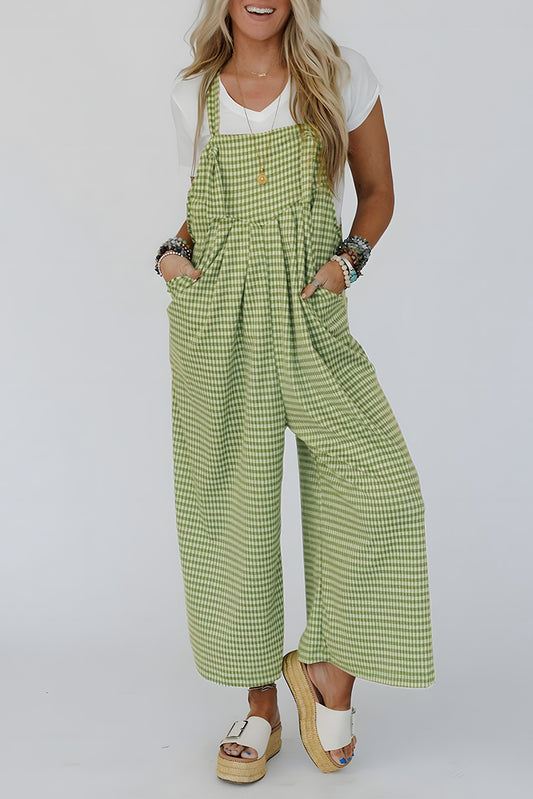 Green Gingham Wide Leg Loose Overall with Pockets - PREORDER