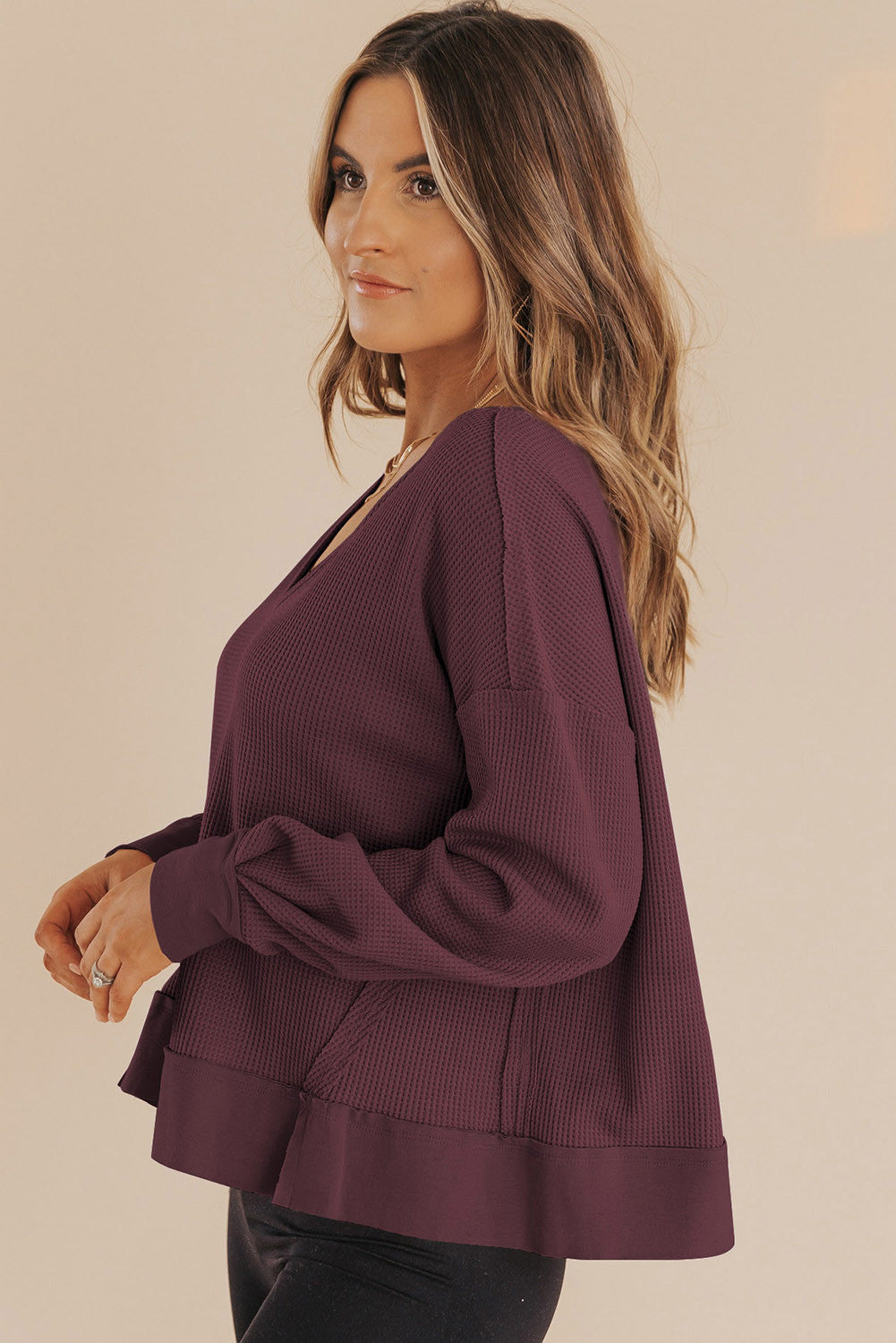 Plum Waffle Knit Notched V Neck Drop Shoulder Solid Sweatshirt - PREORDER