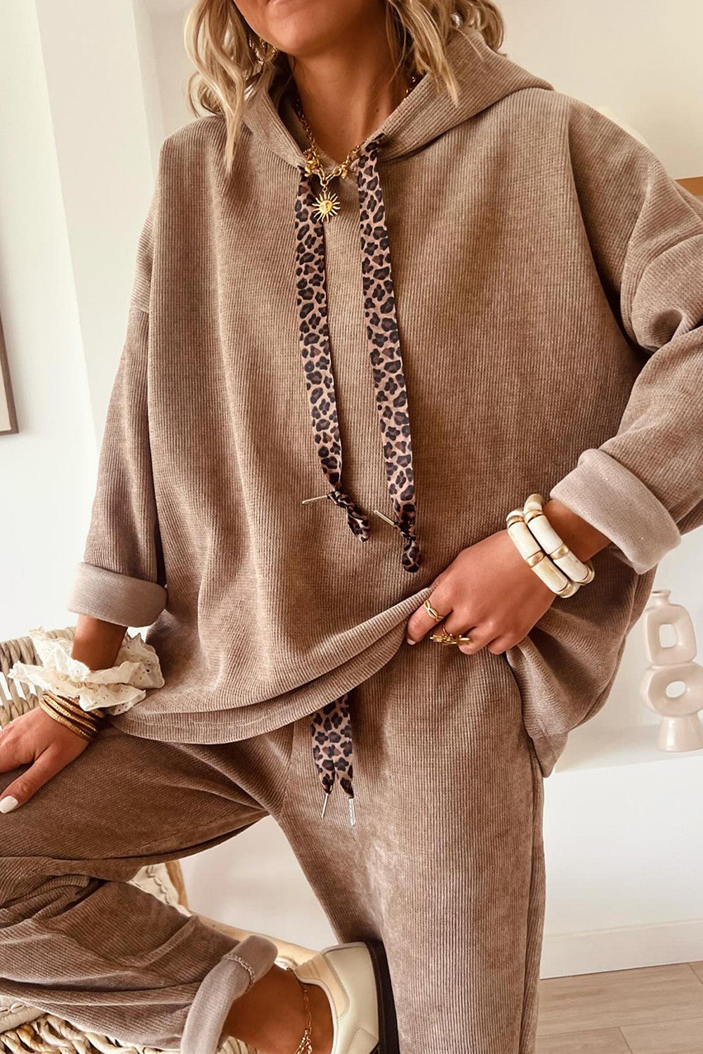 Dark Khaki Leopard Drawstring Pullover Hoodie and High Waist Pants Corduroy Suit - PREORDER