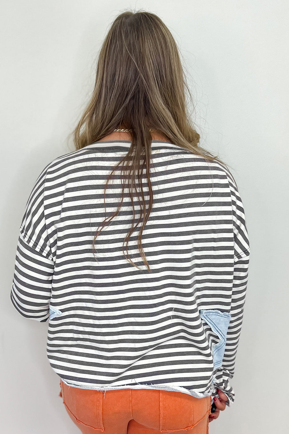 Gray Stripe Starry Patch Drop Shoulder Raw Edge Casual Knit Top - PREORDER