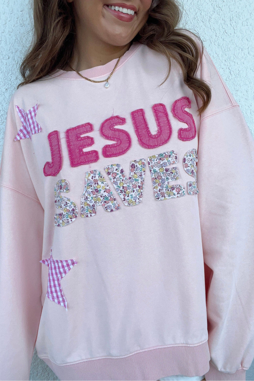 Pink Patchwork Jesus Saves Stars Plaid Unique Floral Letters Baggy Sweatshirt - PREORDER