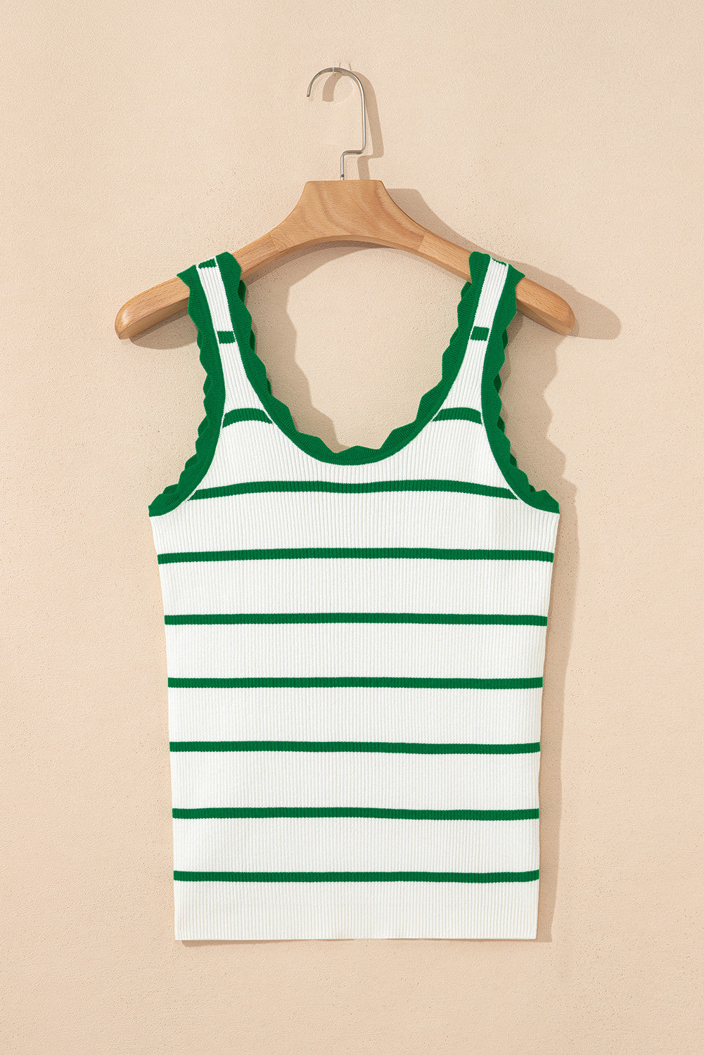 Bright Green Striped Scalloped Edge U Neck Sleeveless Tank Top