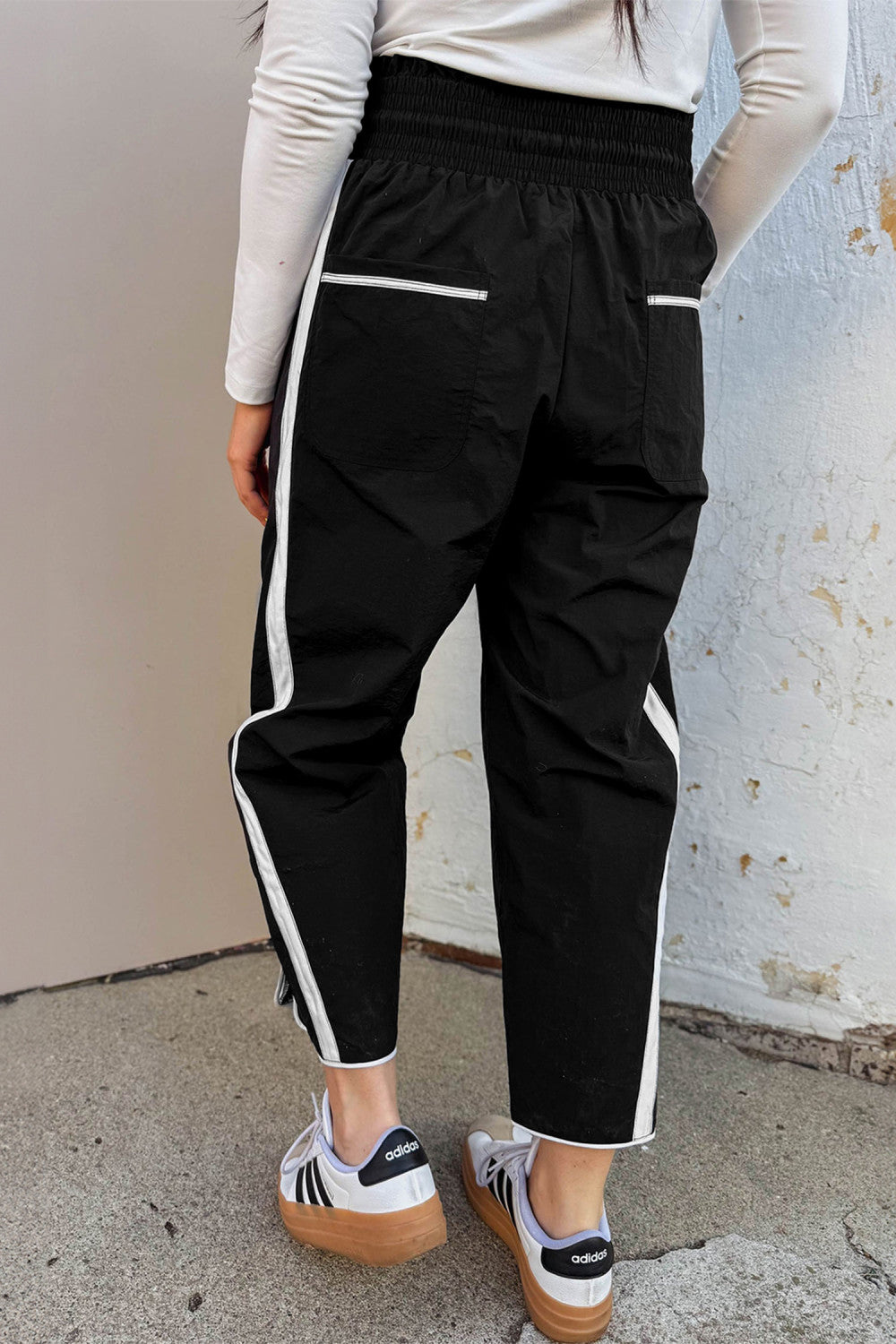 Black Contrast Striped Smocked Waist Drawstring Cropped Casual Pants - PREORDER