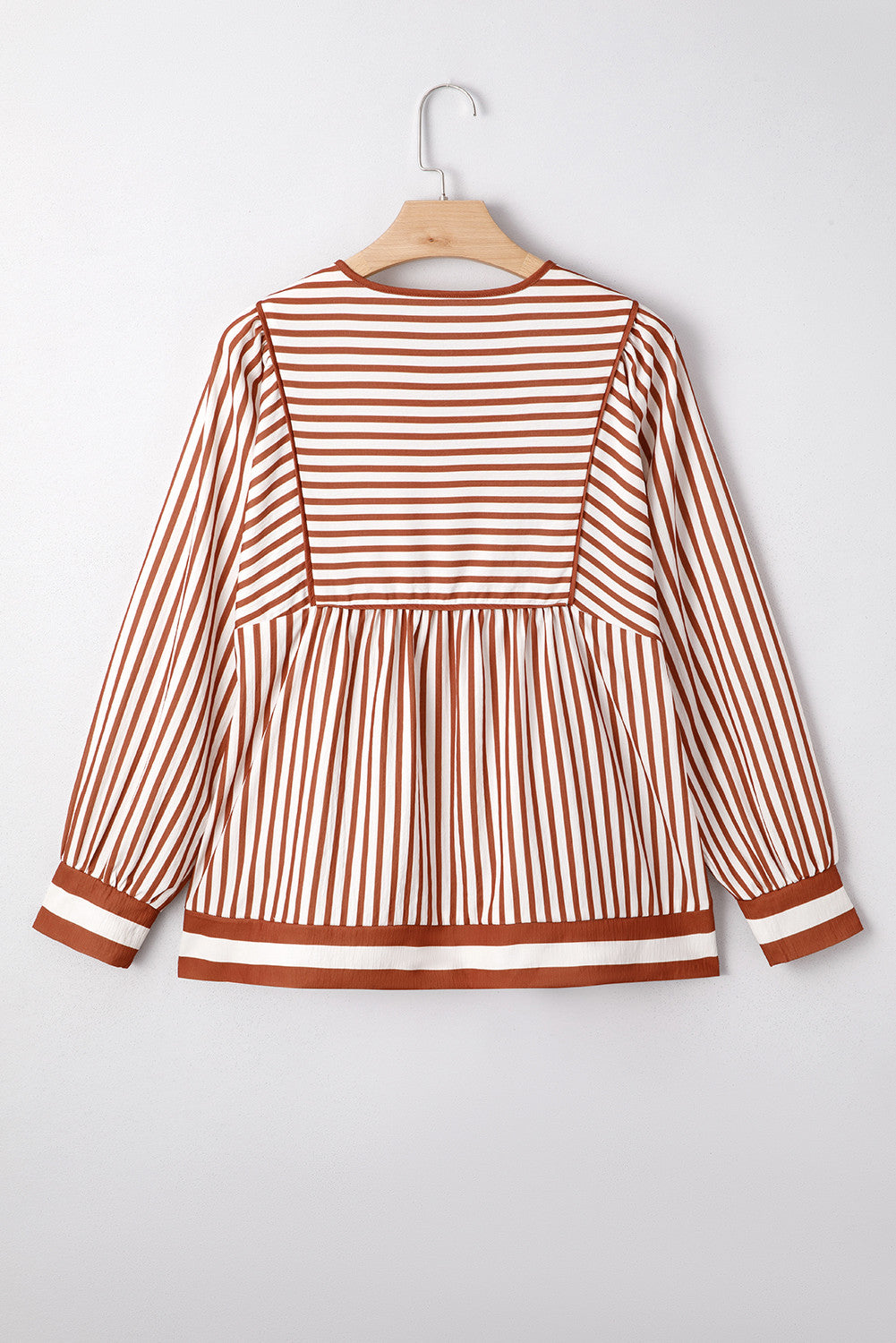 Brown Stripe Babydoll Long Sleeve Blouse - PREORDER