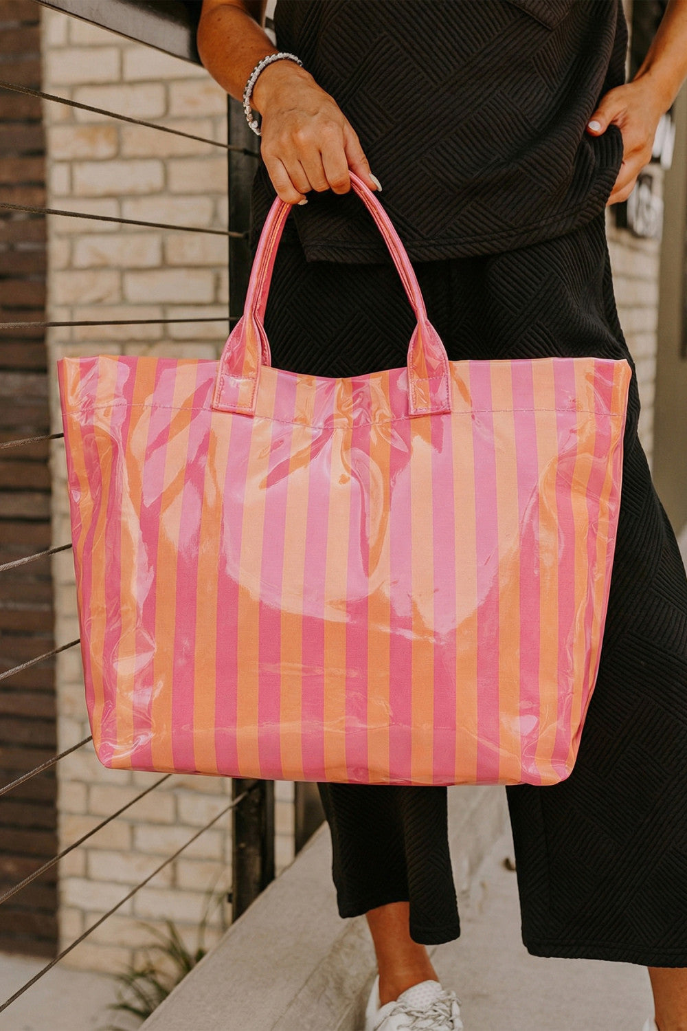 Pink & Orange Glossy Striped Large Tote Bag - PREORDER
