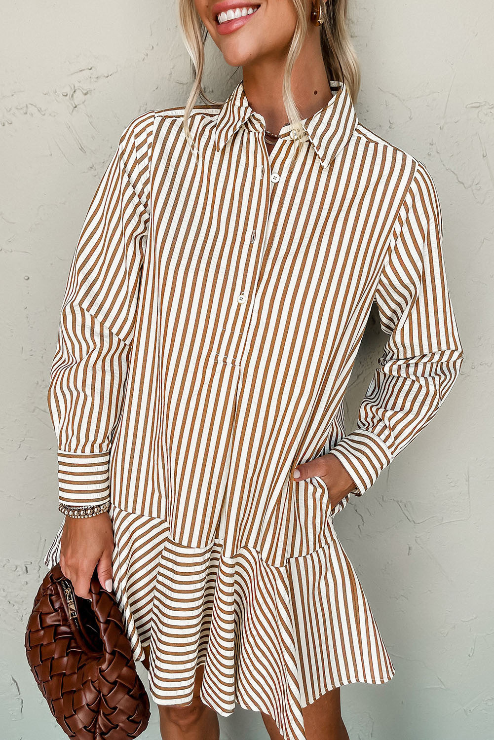 Brown Stripe Ruffled Hem Collared Long Sleeve Shirt Mini Dress - PREORDER